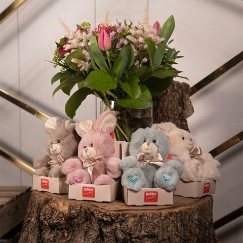 Peluches de lapins avec bouquet de fleurs